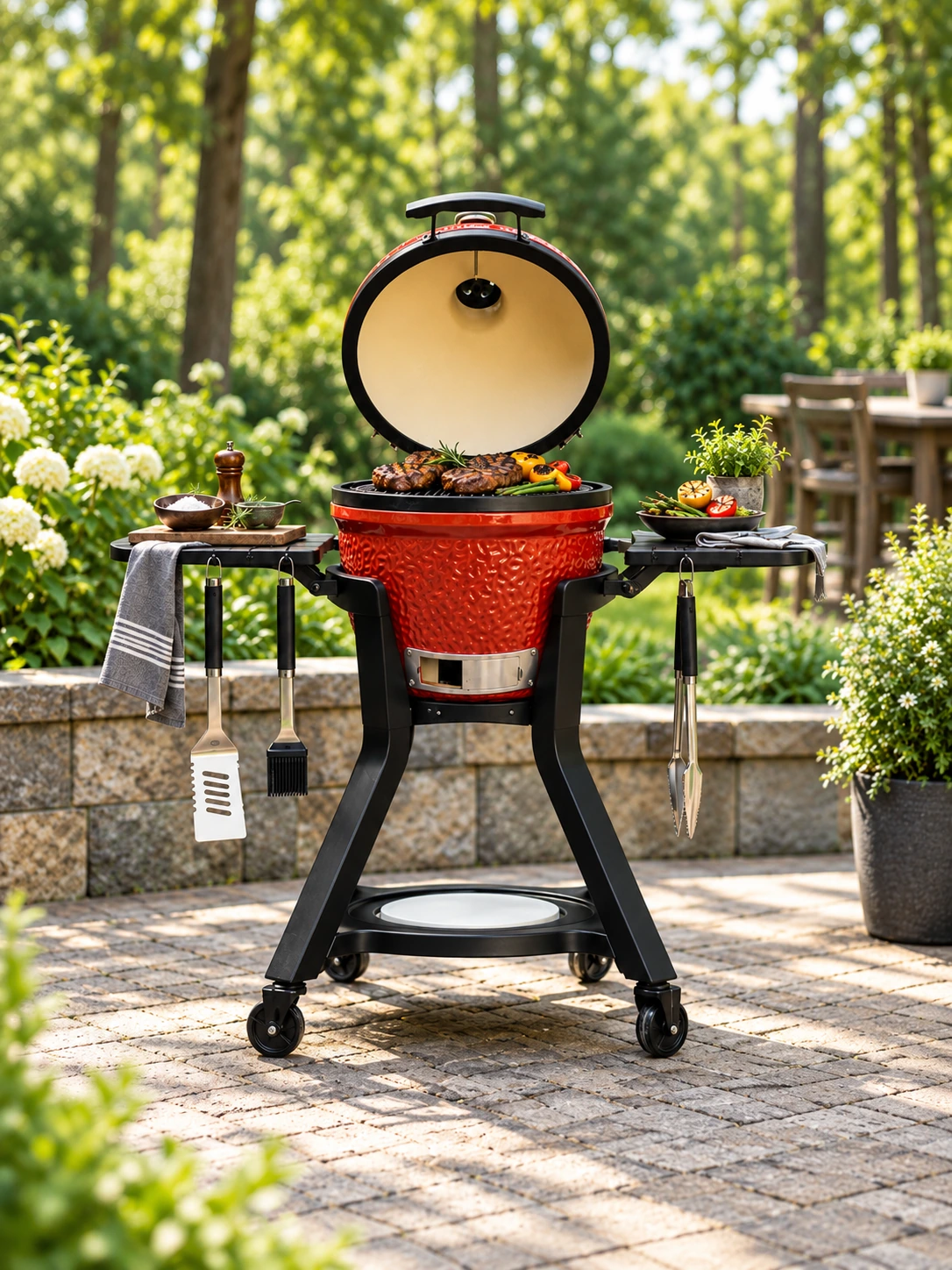 Red ceramic grill in a sunlit garden representing the Middleby Outdoor case study